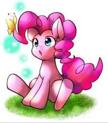 Size: 900x1024 | Tagged: safe, artist:shitamachimura, pinkie pie, butterfly, earth pony, pony, g4, cute, diapinkes, female, looking at something, mare, open mouth, pixiv, sitting, solo