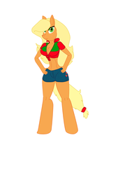 Size: 1181x1748 | Tagged: safe, artist:odiz, applejack, earth pony, anthro, unguligrade anthro, g4, alternate hairstyle, applebucking thighs, belly button, breasts, busty applejack, cleavage, clothes, daisy dukes, female, front knot midriff, midriff, simple background, solo
