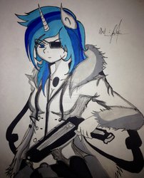 Size: 1656x2046 | Tagged: safe, artist:mr-skyliner34, shining armor, anthro, g4, ambiguous facial structure, arrancar, bleach (manga), coyote starrk, crossover, eared humanization, espada, eyepatch, female, gleaming shield, gun, horn, horned humanization, rule 63, solo, traditional art, weapon