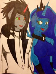Size: 776x1029 | Tagged: dead source, safe, artist:mr-skyliner34, king sombra, princess luna, anthro, g4, alternate hairstyle, big breasts, bleach (manga), breasts, busty princess luna, crossover, deviantart watermark, female, looking at each other, male, obtrusive watermark, ship:lumbra, shipping, straight, traditional art, watermark
