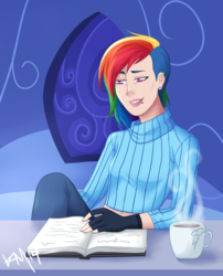 Size: 800x988 | Tagged: safe, artist:emberfan11, rainbow dash, human, g4, book, clothes, drink, female, fingerless gloves, gloves, humanized, piercing, reading, solo, sweater, table, undercut