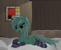 Size: 3426x2824 | Tagged: safe, artist:farminilla, lyra heartstrings, pony, g4, bed, bedroom, bedroom eyes, clothes, curtains, female, high res, messy bed, messy mane, modern art, piet mondrian, prone, socks, solo, striped socks