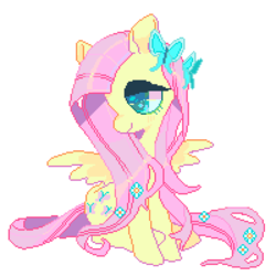 Size: 600x600 | Tagged: safe, artist:shacklefunk, fluttershy, butterfly, pegasus, pony, g4, female, flower, flower in hair, mare, pixel art, simple background, solo, white background