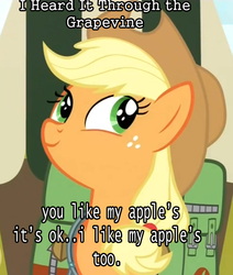 Size: 509x600 | Tagged: safe, applejack, g4, female, i heard it through the grapevine, meme, solo