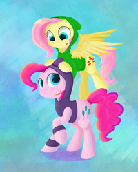 Size: 2000x2500 | Tagged: safe, artist:st-el, fluttershy, pinkie pie, enderman, pony, g4, clothes, creeper, female, high res, hoodie, lesbian, minecraft, ship:flutterpie