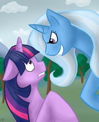 Size: 1118x1378 | Tagged: safe, artist:natra-san, trixie, twilight sparkle, g4, grin