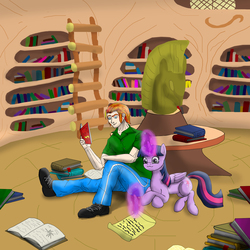 Size: 3000x3000 | Tagged: safe, artist:cjvselinmortal, twilight sparkle, oc, oc:irineo rossi, alicorn, human, pony, g4, book, crossover, feather, female, golden oaks library, high res, letter, library, mare, twilight sparkle (alicorn), writing
