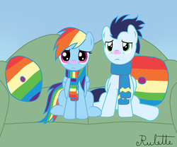 Size: 1024x853 | Tagged: safe, artist:rulette, rainbow dash, soarin', g4, clothes, couch, female, male, red nosed, scarf, ship:soarindash, shipping, sick, sitting, straight
