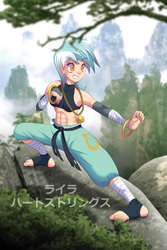 Size: 1125x1688 | Tagged: safe, artist:agu-fungus, part of a set, lyra heartstrings, human, g4, abs, barefoot, clothes, feet, female, grin, humanized, irrational exuberance, japanese, kung fu, martial arts, medallion, midriff, monk, monkey fist, part of a series, ring, smiling, solo, stirrup bandages, stirrup socks, warrior monk
