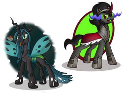 Size: 1032x774 | Tagged: dead source, safe, artist:nora2pony, king sombra, queen chrysalis, changeling, changeling queen, pony, unicorn, g4, antagonist, crown, fangs, female, forked tongue, jewelry, regalia