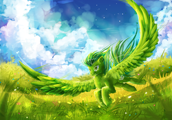 Size: 2000x1400 | Tagged: safe, artist:aquagalaxy, oc, oc only, oc:emerald rescue, pegasus, pony, grass, solo