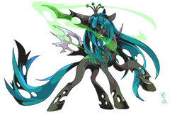 Size: 1000x646 | Tagged: safe, artist:kankitsune, queen chrysalis, changeling, changeling queen, g4, crown, female, glowing eyes, jewelry, pixiv, regalia, solo