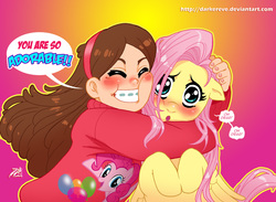 Size: 2000x1463 | Tagged: safe, artist:darkereve, fluttershy, pinkie pie, human, pegasus, pony, g4, :o, blushing, clothes, crossover, cute, dialogue, disney, eyes closed, floppy ears, gravity falls, grin, head tilt, hug, hugging a pony, looking at you, mabel pines, male, rubbing, smiling, squishy cheeks, sweater, text, wide eyes, worried