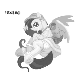 Size: 851x851 | Tagged: safe, artist:fakedog, fluttershy, g4, :o, backpack, barrette, clothes, digital art, dress, exclamation point, female, grayscale, hat, hooves, kindergarten uniform, looking at you, looking back, lying, monochrome, on side, open mouth, randoseru, school uniform, simple background, solo, spread wings, underhoof, white background