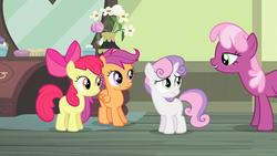 Size: 1280x720 | Tagged: safe, screencap, apple bloom, cheerilee, scootaloo, sweetie belle, for whom the sweetie belle toils, g4, cutie mark crusaders, grin, lidded eyes, out of context