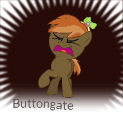 Size: 249x249 | Tagged: safe, button mash, earth pony, pony, g4, buttongate, colt, crying, drama, eyes closed, foal, hat, hooves, male, meta, open mouth, propeller hat, raised hoof, solo, spoilered image joke, text