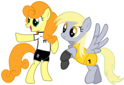 Size: 1536x1062 | Tagged: safe, artist:ironm17, carrot top, derpy hooves, golden harvest, earth pony, pegasus, pony, g4, bipedal, clothes, duo, duo female, england, female, football, gloves, jersey, mare, short-sleeved goalkeeper jersey, simple background, smiling, transparent background, vector, world cup