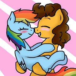 Size: 894x894 | Tagged: safe, artist:stockingstreams, cheese sandwich, rainbow dash, g4, blank flank, blushing, boop, carrying, cheesedash, crack shipping, cute, dashabetes, diacheeses, eyes closed, female, male, noseboop, nuzzling, shipping, shipping war in the comments, smiling, straight