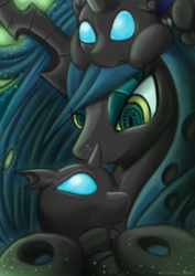 Size: 1414x2000 | Tagged: safe, artist:vavacung, queen chrysalis, changeling, changeling queen, nymph, g4, changelings riding changelings, cute, cutealis, cuteling, fangs, female, mommy chrissy, pony hat, riding, smiling, trio