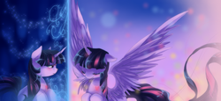 Size: 1040x480 | Tagged: safe, artist:loyaldis, twilight sparkle, alicorn, pony, unicorn, g4, cute, female, future, past, solo, twiabetes, twilight sparkle (alicorn)