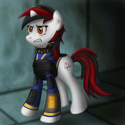 Size: 1050x1050 | Tagged: safe, artist:lomeo, oc, oc only, oc:blackjack, pony, unicorn, fallout equestria, fallout equestria: project horizons, clothes, colored sclera, cutie mark, fanfic, fanfic art, female, hooves, horn, jumpsuit, mare, pipbuck, solo, teeth, vault suit, yellow sclera