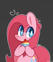 Size: 590x690 | Tagged: safe, artist:php56, pinkie pie, earth pony, pony, fanfic:cupcakes, g4, chibi, cupcake, cute, cuteamena, diapinkes, female, grimcute, implied murder, it's a trap, looking at you, pinkamena diane pie, rainbow cupcake, solo