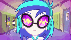 Size: 576x324 | Tagged: safe, screencap, cloudy kicks, dj pon-3, micro chips, teddy t. touchdown, vinyl scratch, equestria girls, g4, music to my ears, my little pony equestria girls: rainbow rocks, animated, background human, headphones, synesthesia, vibing