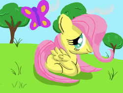 Size: 1280x960 | Tagged: safe, artist:thedarkcore, fluttershy, butterfly, g4, female, filly, solo, younger