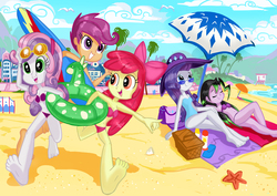 Size: 3508x2480 | Tagged: safe, artist:jowyb, apple bloom, rarity, scootaloo, sweetie belle, oc, equestria girls, g4, barefoot, beach, beach towel, beach umbrella, belly button, bikini, breasts, cleavage, clothes, cutie mark crusaders, feet, female, hat, high res, one-piece swimsuit, sunglasses, surfboard, swimsuit, umbrella