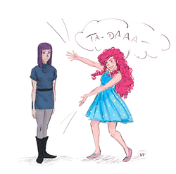 Size: 500x493 | Tagged: safe, artist:demdoodles, maud pie, pinkie pie, human, g4, clothes, dress, humanized