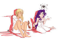 Size: 500x341 | Tagged: source needed, useless source url, safe, artist:demdoodles, applejack, rarity, human, g4, alcohol, barefoot, blushing, drunk, drunk aj, drunk rarity, duo, feet, female, humanized, lesbian, ship:rarijack, shipping, simple background, sitting, smiling, white background