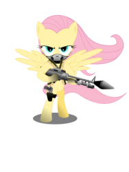 Size: 2400x3200 | Tagged: safe, artist:gonein10seconds, fluttershy, pony, g4, bandolier, bipedal, female, gun, high res, pistol, simple background, solo, transparent background