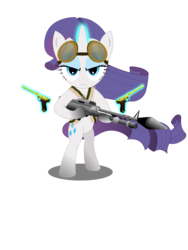 Size: 2400x3200 | Tagged: safe, artist:gonein10seconds, rarity, pony, unicorn, g4, bandolier, belly, bipedal, dual wield, female, goggles, gun, high res, horn, luger, pistol, simple background, solo, telekinesis, transparent background