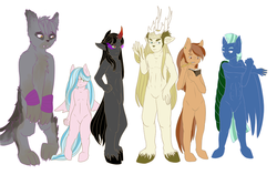 Size: 836x530 | Tagged: safe, artist:neko-nya-x3, king sombra, oc, oc:coffee talk, oc:drizzle, oc:freckles, oc:sea breeze, diamond dog, elk, anthro, digitigrade anthro, ask king sombra, g4, abs, barbie doll anatomy, book, crystal wolf, elk king, featureless crotch, frown, glare, glowing eyes, hair over one eye, pencil, stretching, thranduelk