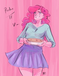 Size: 1280x1652 | Tagged: safe, artist:demdoodles, pinkie pie, human, g4, clothes, female, humanized, pie, pun, skirt, solo