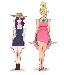 Size: 800x927 | Tagged: safe, artist:demdoodles, applejack, rarity, human, g4, simple ways, applejewel, blushing, clothes, dress, frown, hat, humanized, overalls, rarihick, smiling, straw hat