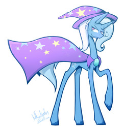 Size: 1003x1034 | Tagged: safe, artist:kathyatipton, trixie, pony, unicorn, g4, cape, clothes, female, hat, mare, raised hoof, smiling, smirk, solo, thin, trixie's cape, trixie's hat