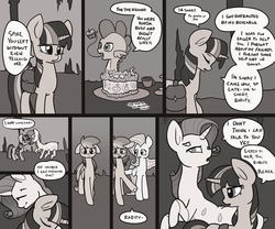 Size: 1280x1067 | Tagged: safe, artist:otterlore, fluttershy, rainbow dash, rarity, spike, twilight sparkle, drider, monster pony, original species, spider, spiderpony, g4, apple, cake, cave, comic, grayscale, hug, monochrome, saddle bag, species swap, speech bubble, spiderponyrarity, teacup, tongue out, tumblr