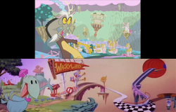 Size: 1143x732 | Tagged: safe, discord, dodo, g4, chaos, chocolate rain, comparison, gogo dodo, ponyville, tiny toon adventures, wackyland