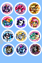 Size: 800x1200 | Tagged: safe, artist:warped-dragonfly, applejack, bon bon, derpy hooves, dj pon-3, doctor whooves, fluttershy, lyra heartstrings, octavia melody, pinkie pie, rainbow dash, rarity, sweetie drops, time turner, trixie, twilight sparkle, vinyl scratch, alicorn, pony, g4, big crown thingy, blushing, doctor who, female, glasses, lesbian, mane six, mare, mouth hold, ship:lyrabon, shipping, smiling, sonic screwdriver, tongue out, twilight sparkle (alicorn)