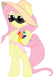 Size: 1664x2407 | Tagged: safe, artist:hoodie-stalker, fluttershy, pegasus, pony, g4, beach ball, bikini, bipedal, clothes, female, hat, sarong, simple background, solo, sunglasses, swimsuit, transparent background