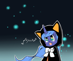 Size: 1280x1067 | Tagged: safe, artist:joycall6, princess luna, cat, g4, blushing, clothes, costume, cute, female, filly, lunabetes, nyan, solo, woona, younger