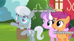 Size: 960x540 | Tagged: safe, edit, edited screencap, screencap, diamond tiara, scootaloo, silver spoon, earth pony, pegasus, pony, g4, twilight time, animation error, best filly, clipboard, female, filly, image macro, inner thigh cutie mark, meme