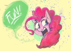 Size: 900x648 | Tagged: safe, artist:xieril, pinkie pie, earth pony, pony, g4, bust, female, fun, happy, one word, solo