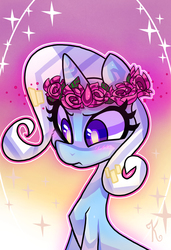 Size: 586x855 | Tagged: dead source, safe, artist:kaliptro, trixie, pony, unicorn, g4, blushing, cute, diatrixes, embarrassed, female, floral head wreath, flower, frown, mare, rose, solo