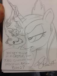 Size: 768x1024 | Tagged: safe, artist:andypriceart, princess luna, tiberius, g4, luna is not amused, monochrome, traditional art