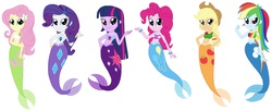 Size: 6888x2816 | Tagged: dead source, safe, artist:rebelprincess59, applejack, fluttershy, pinkie pie, rainbow dash, rarity, twilight sparkle, mermaid, equestria girls, g4, bandeau, belly button, cutie mark, eqg promo pose set, mane six, mermaid princess, mermaid tail, mermaidized, midriff, species swap