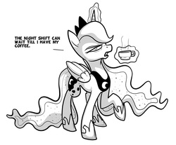 Size: 1280x1060 | Tagged: safe, artist:secoh2000, princess luna, g4, black and white, coffee, drink, female, grayscale, grumpy, magic, monochrome, solo, tired