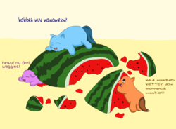 Size: 1359x1000 | Tagged: safe, artist:carpdime, fluffy pony, eyes closed, fluffy pony foals, fluffy pony original art, food, hugbox, prone, watermelon