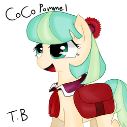 Size: 1280x1280 | Tagged: safe, artist:chocolatechilla, coco pommel, earth pony, pony, g4, bag, female, happy, mare, saddle bag, simple background, solo, white background